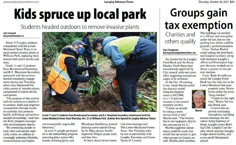 Langley Advance Times article headlined "Kids spruce up local park" with a photo of two students planting a tree