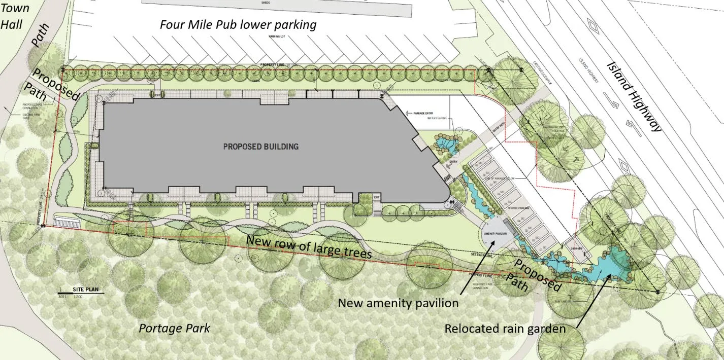 Figure 1. Site Plan showing the proposed building footprint, new row of large trees, amenity pavilion, and relocated rain garden