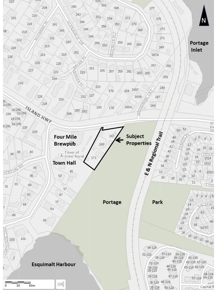 Site Location Plan map highlighting Subject Properties 167, 169, and 171, situated between Island Highway and Portage Park, adjacent to the Town of View Royal Town Hall and Four Mile Brewpub.