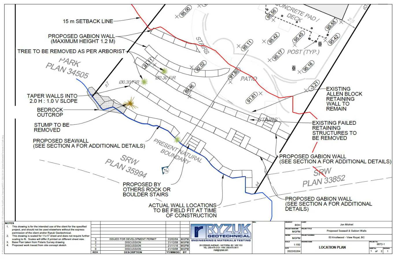 Location plan technical drawing by Ryzuk Geotechnical showing proposed seawall, gabion walls, stairs, and property boundaries