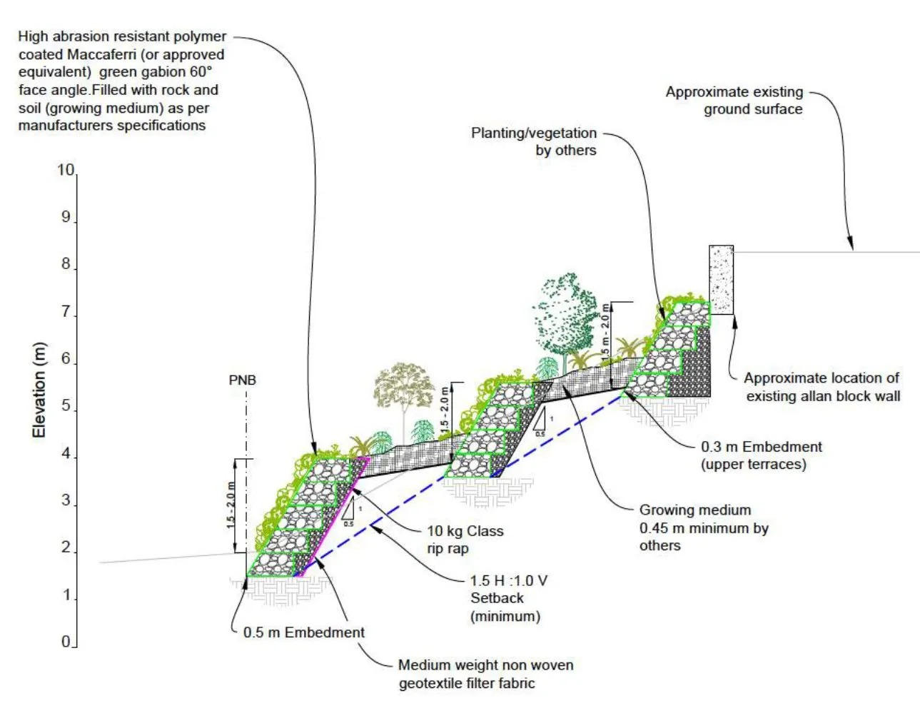Cross-section diagram of the proposed retaining walls illustrating gabion structures, embedment depths, and planting details
