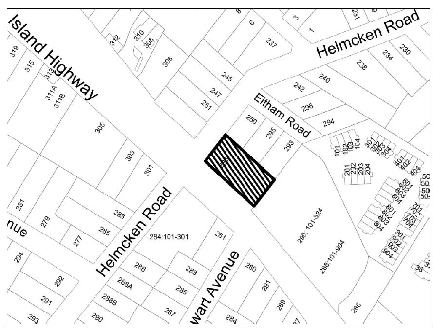Site map showing the subject property highlighted in a black hatched pattern at the corner of Helmcken Road and Eltham Road