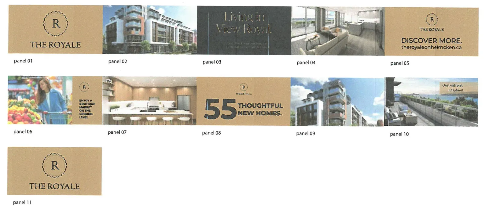 Design layout for eleven individual graphic panels to be used for site screening, featuring the project name "The Royale" and lifestyle imagery