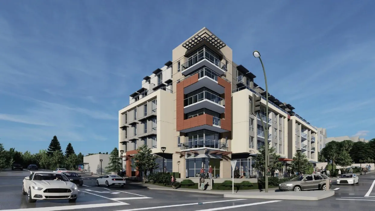 Architectural rendering of the proposed multi-story residential building at 258 Helmcken Road