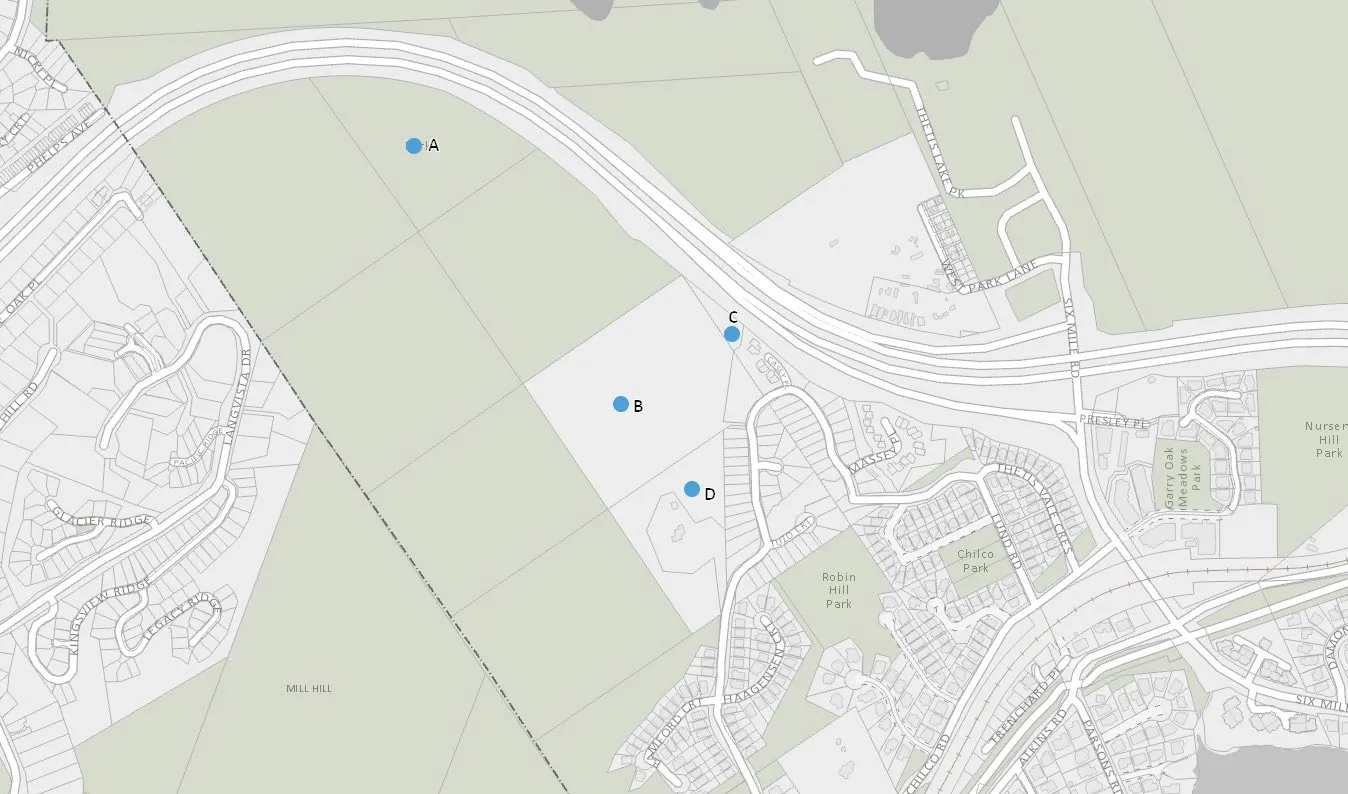 Map showing property areas A, B, C, and D