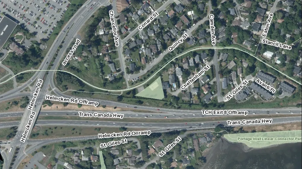 Aerial map of the Chancellor Park area showing proximity to Helmcken Road and the Trans-Canada Highway