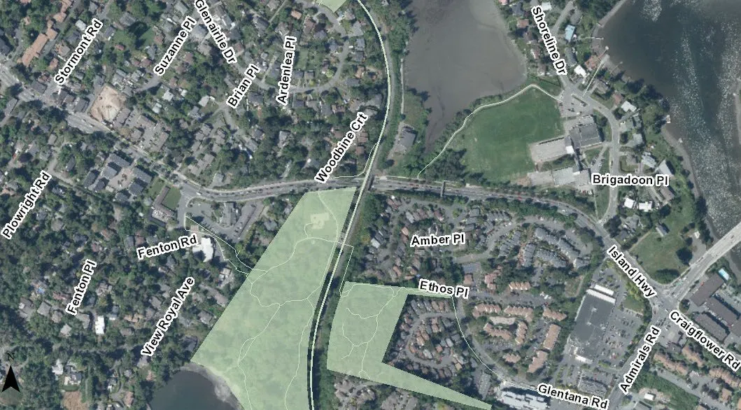 Aerial map of the Portage Park area showing proximity to View Royal Avenue and Portage Inlet