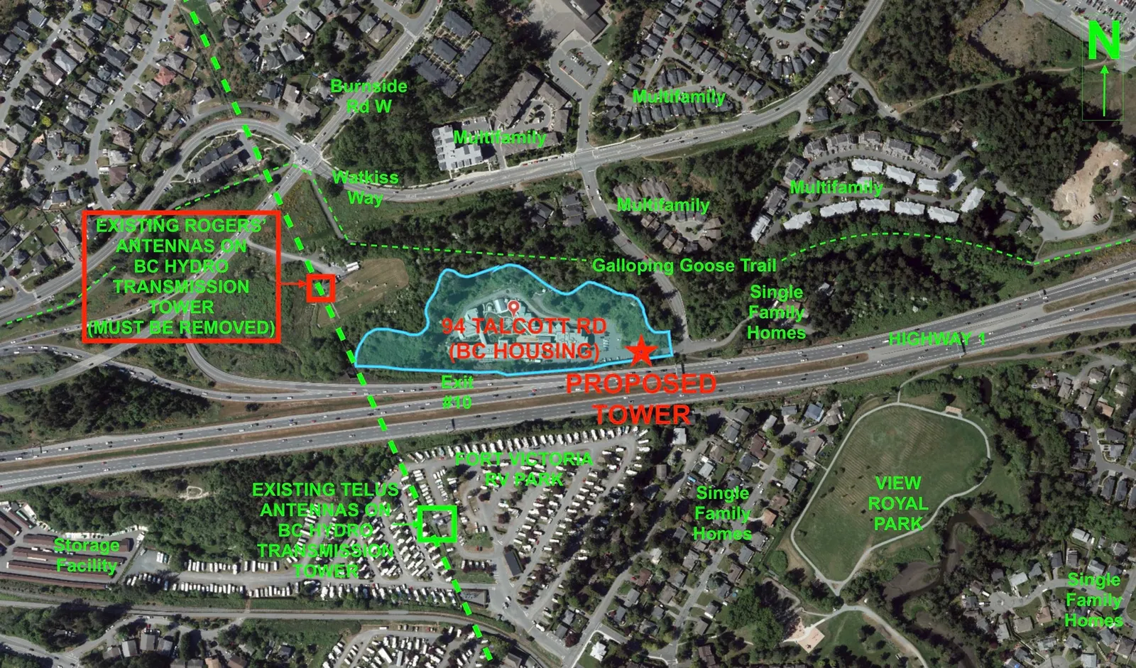 Aerial map showing the location of the existing and proposed towers near Highway 1