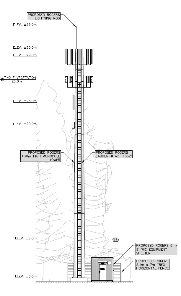 Technical diagram showing the elevation and components of the proposed 33.0m monopole tower