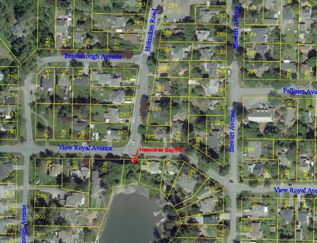 Aerial map of a residential area showing property boundaries and street names including Helmcken Road, View Royal Avenue, and Stewart Avenue, with a red arrow pointing to the Helmcken Bay Pump Station (PS) location.
