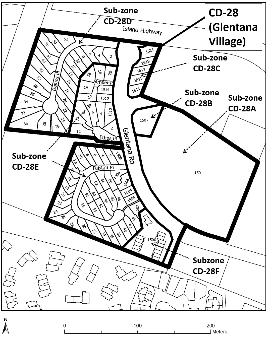 Zoning map titled CD-28 (Glentana Village) showing the division of the area into Sub-zones CD-28A, CD-28B, CD-28C, CD-28D, CD-28E, and CD-28F. The map features various street names including Island Highway, Glentana Rd, Demos Pl, Amber P, Ethos Pl, and Falstaff Pl, and identifies numerous property lots by number, such as 1501, 1507, 1500, and 1621.