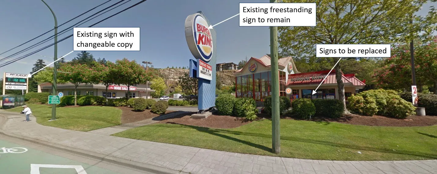 2018 street view photo of the site highlighting existing signs and landscaping