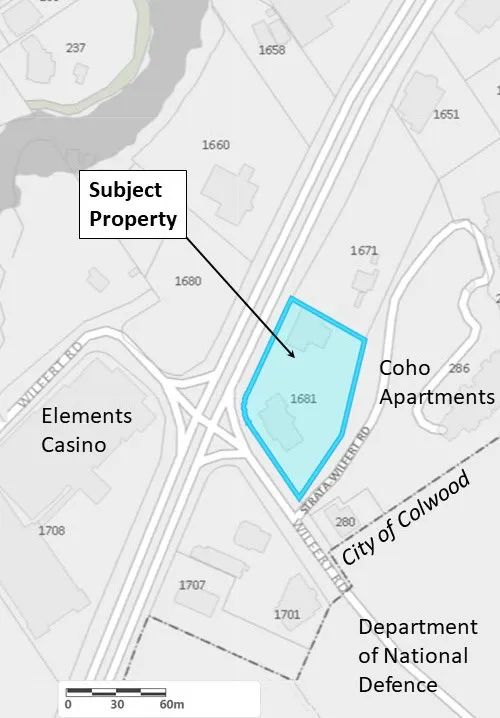 Location map highlighting the Subject Property at 1681 Wilfert Road, bordered by Wilfert Road and adjacent to Elements Casino, Coho Apartments, and the City of Colwood boundary.