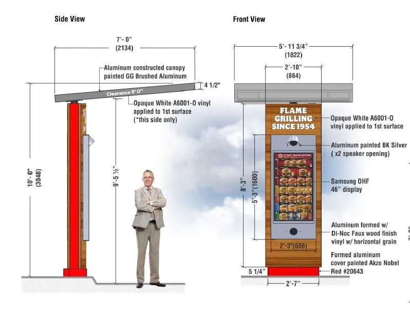 Side and front view technical drawings of a proposed drive-thru pre-sell sign with a canopy, including dimensions and material specifications