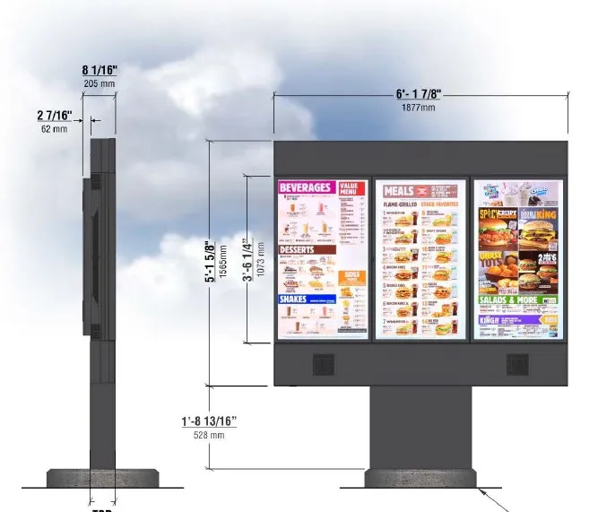 Side and front view technical drawings of a proposed triple-panel electronic menu board sign with dimensions