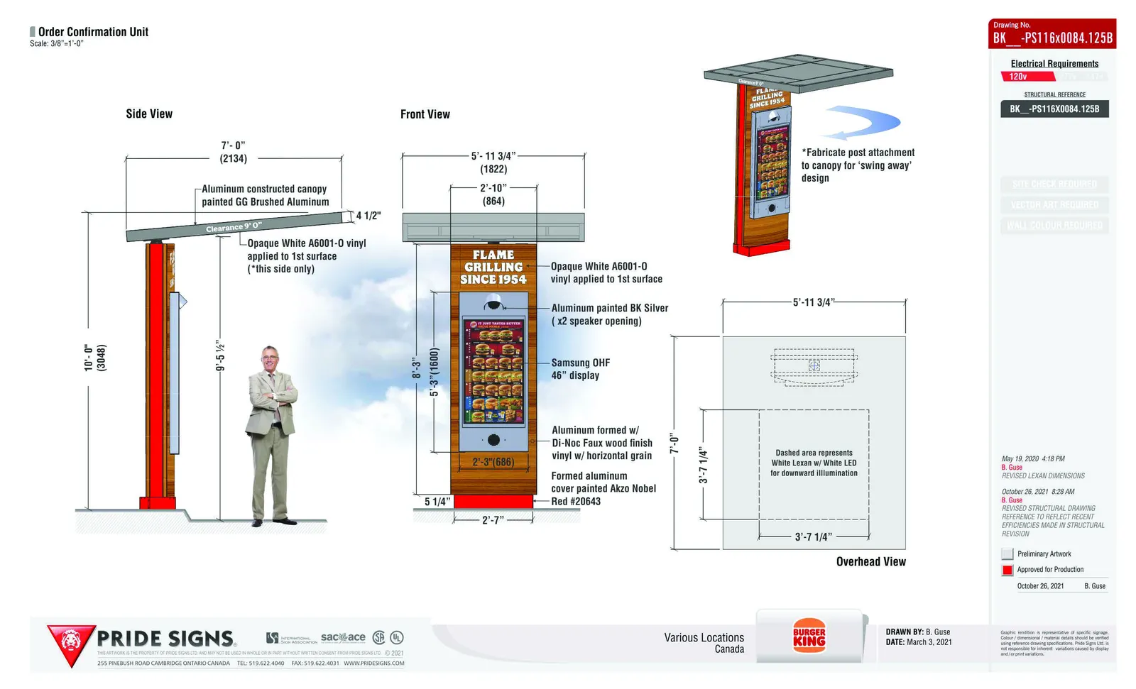 Side view, front view, 3D perspective, and overhead view drawings of the Order Confirmation Unit