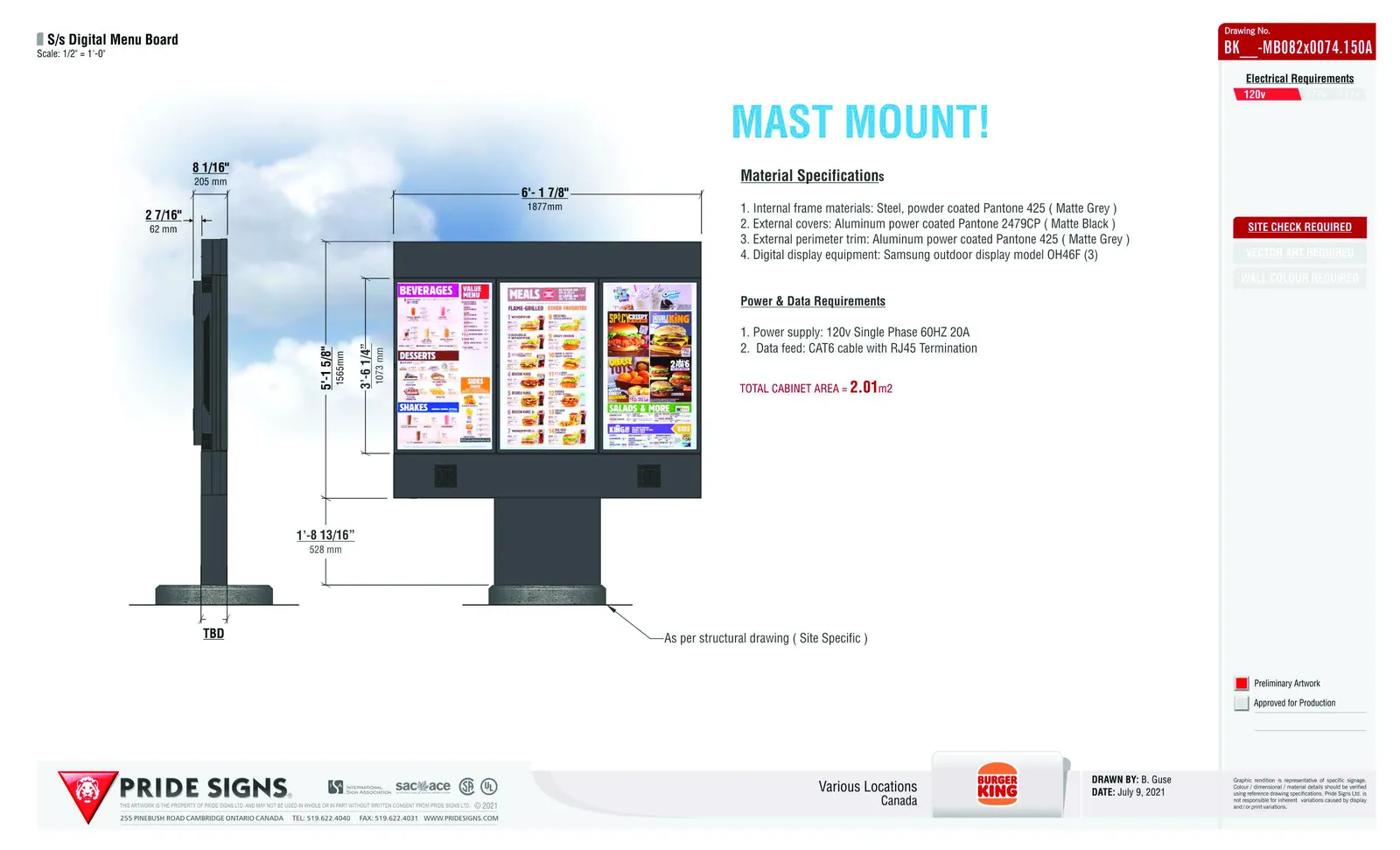Rendering and material specifications for the triple-screen digital menu board
