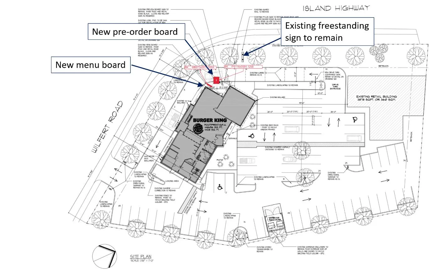 Site plan for Burger King showing locations for new pre-order board, menu board, and existing signage