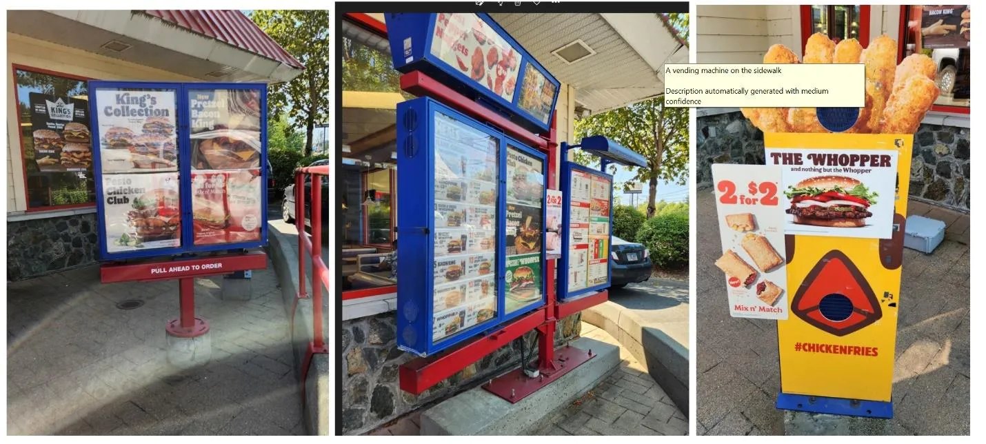 Photos showing existing drive-thru menu boards and a promotional stand