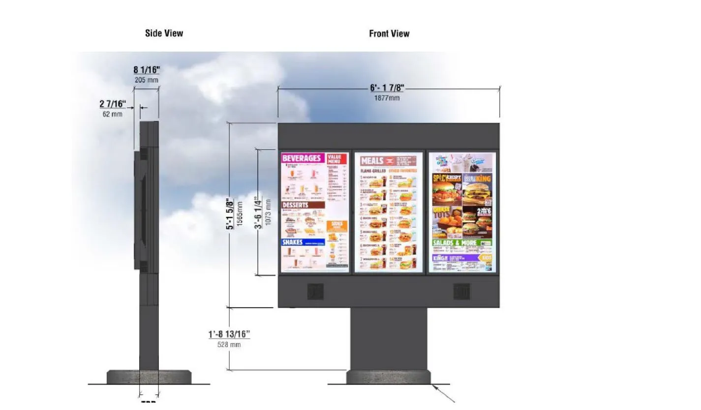 Technical drawing showing side and front views of the proposed menu board with dimensions