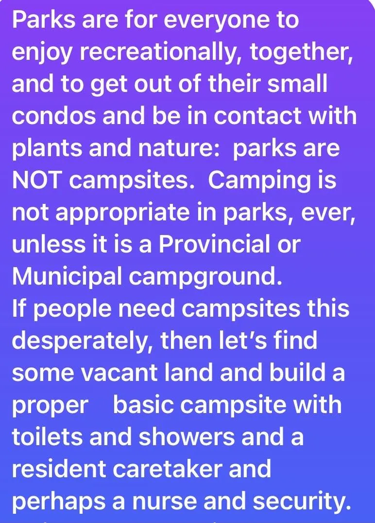 Text box stating parks are for recreation and not campsites