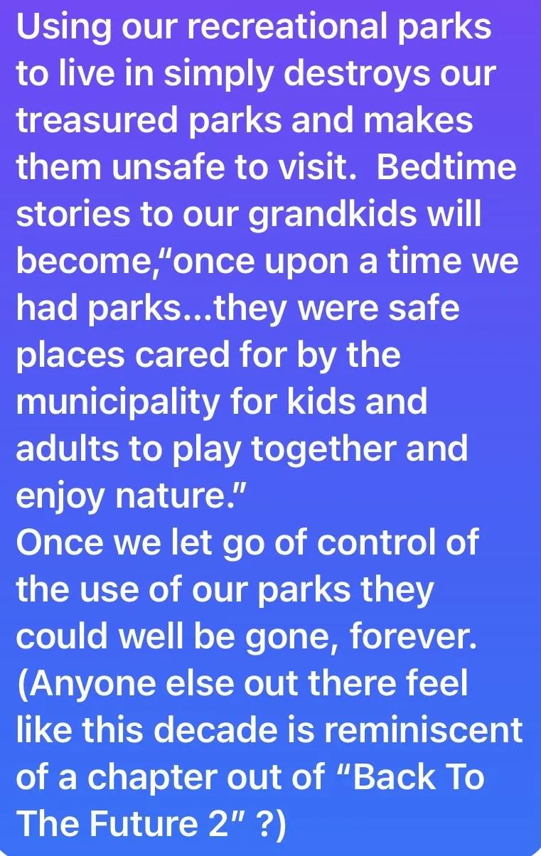 Text box stating using parks for living destroys them and makes them unsafe