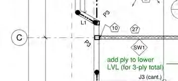 Diagram crop showing grid line C, SW1 shearwall, and "add ply to lower LVL (for 3-ply total)" instruction