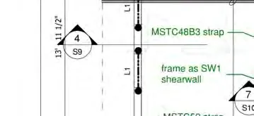 Diagram crop showing MSTC48B3 strap, "frame as SW1 shearwall", and MSTC52 strap instructions