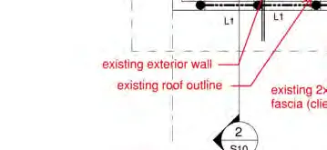 Diagram crop showing existing exterior wall, roof outline, and "existing 2x12 SPF fascia (client to confirm)"