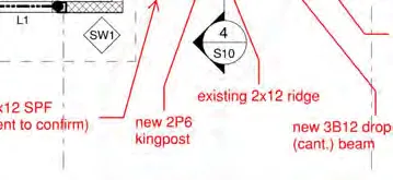 Diagram crop showing "new 2P6 kingpost" and "existing 2x12 ridge"