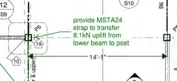 Diagram crop showing instruction to "provide MSTA24 strap to transfer 8.1kN uplift from lower beam to post"