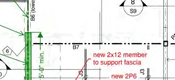 Diagram crop showing "5'-0" min." dimension for SW1 shearwall and "new 2x12 member to support fascia" instruction