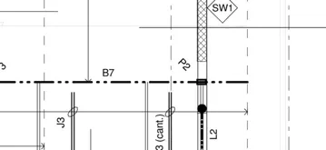 Diagram crop showing B7 beam and SW1 shearwall framing near grid line D