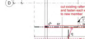 Diagram crop showing instructions at grid line D to "cut existing rafters and fasten each end to new member"