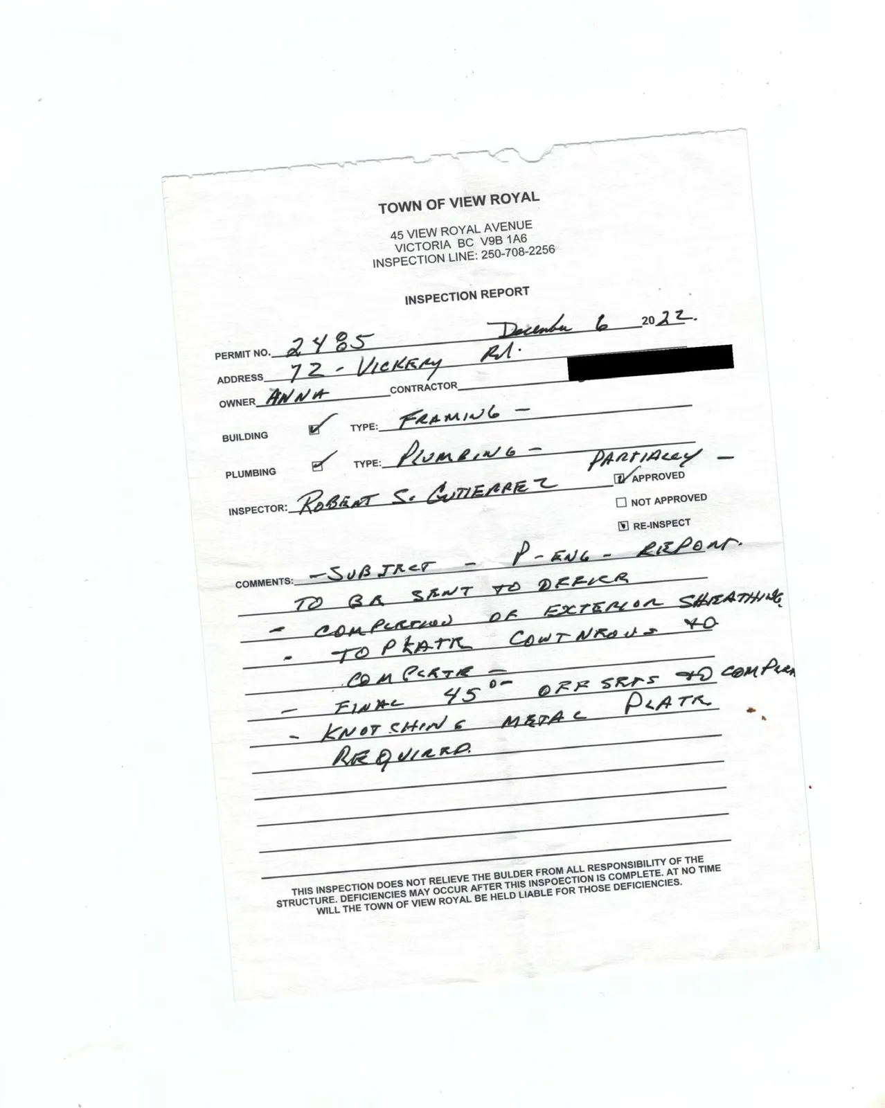 Town of View Royal Inspection Report form for Permit No. 2485, dated December 6, 2022.