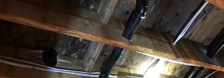 Photograph of a beam bearing on a concrete foundation wall with callout #14 to confirm scab nailing