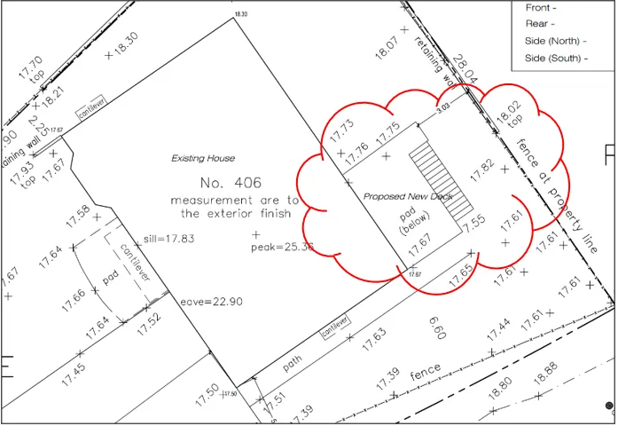 Site plan diagram highlighting the proposed new deck and the 3.03m setback measurement