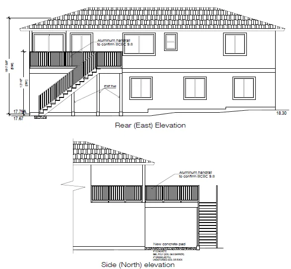 Architectural drawings showing the Rear (East) Elevation and Side (North) elevation of the house and proposed deck