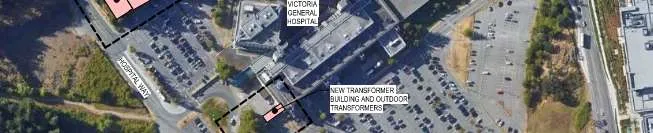 Aerial map showing Victoria General Hospital and transformer building locations