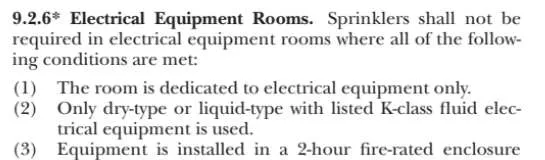 Extract of NFPA 13 clause 9.2.6 regarding sprinkler requirements for Electrical Equipment Rooms