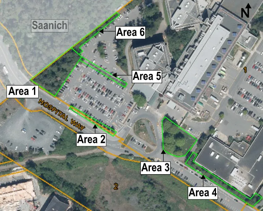 Site context map showing numbered assessment areas 1 through 6 at Victoria General Hospital.