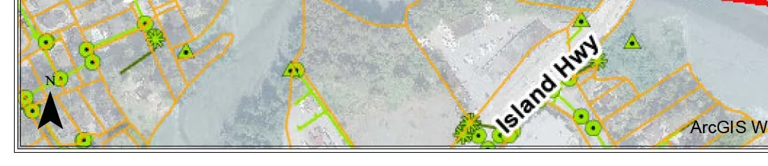 Map section showing Island Hwy and shoreline parcels