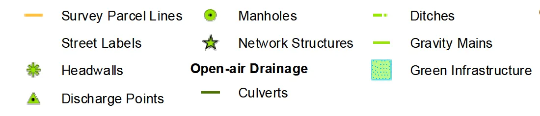 Infrastructure legend showing Survey Parcel Lines, Street Labels, Headwalls, Discharge Points, Manholes, Network Structures, Open-air Drainage (Culverts, Ditches), Gravity Mains, and Green Infrastructure