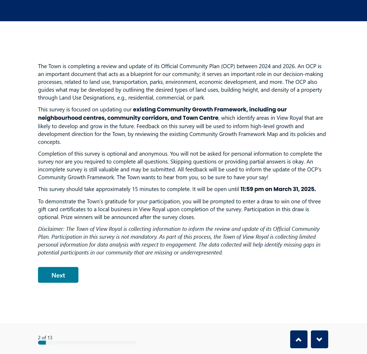 Survey introductory text and disclaimer