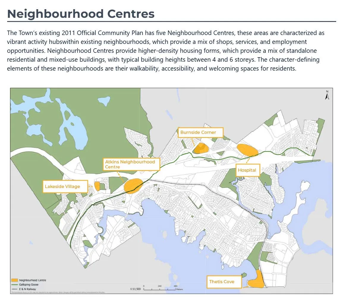 Map of Town's five existing Neighbourhood Centres: Lakeside Village, Atkins Neighbourhood Centre, Burnside Corner, Hospital, and Thetis Cove