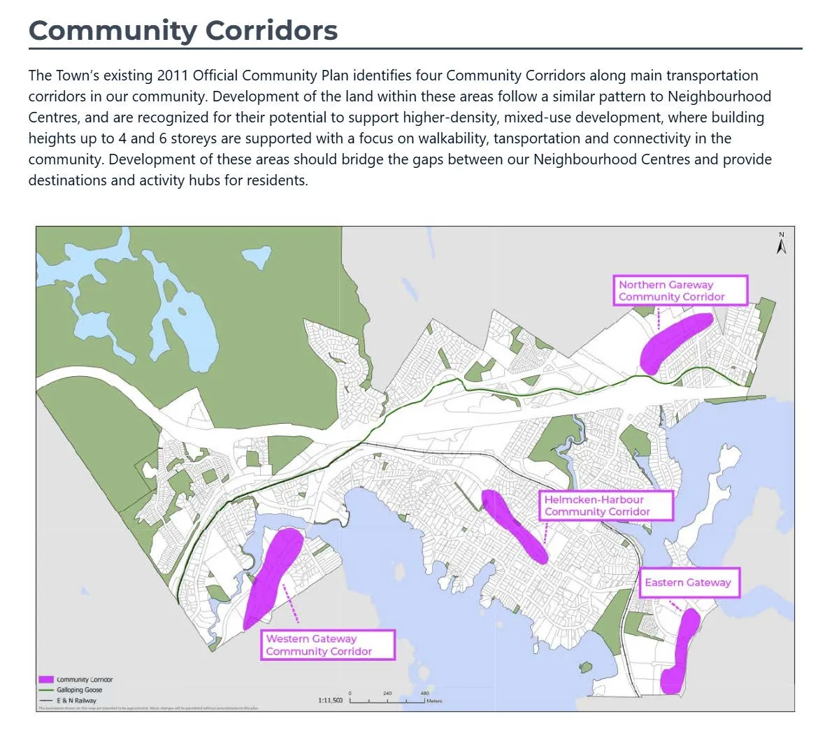 Map of Town's four existing Community Corridors: Western Gateway, Northern Gateway, Helmcken-Harbour, and Eastern Gateway