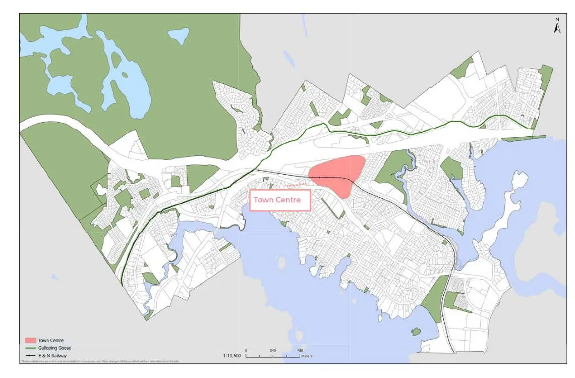 Map highlighting the proposed Town Centre location at the Fort Victoria RV Park site