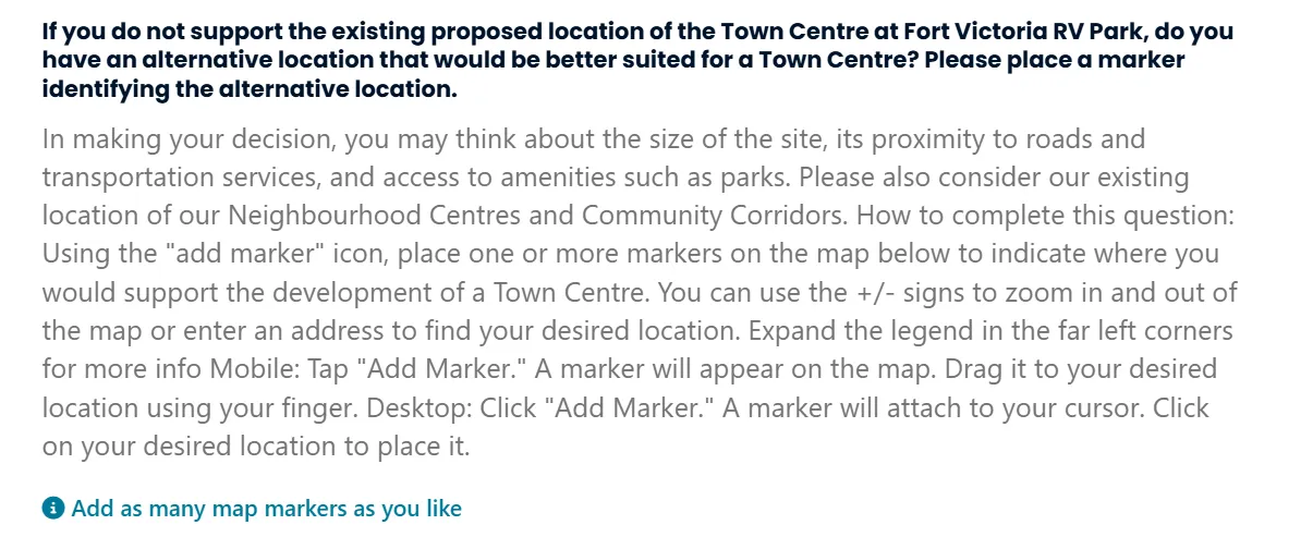 Text instructions for identifying alternative Town Centre locations on an interactive map