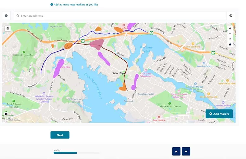 Interactive map with markers for identifying alternative Town Centre locations