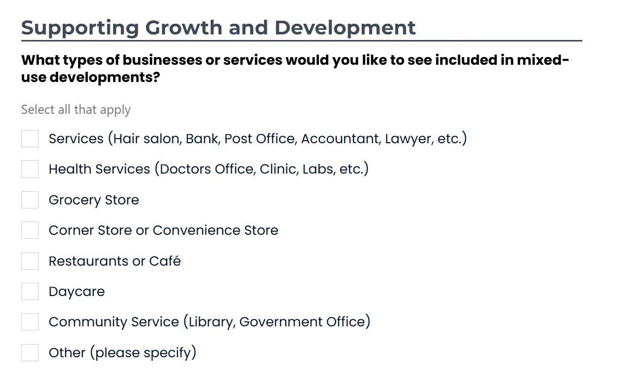 Checklist of preferred business or service types for mixed-use developments